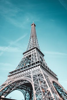 Stunning low angle view of the Eiffel Tower against a bright blue sky in Paris.